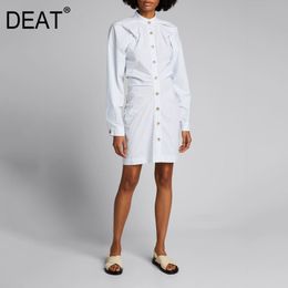 Women White Striped Shirt Knee Length Dress Stand Neck Long Sleeve Loose Fit Fashion Tide Spring Autumn 3D01661 210421