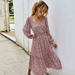 Foridol autumn winter floral long dress women square collar maxi dress elegant ladies pink vintage dress vestidos 210415