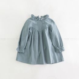 Retail children girl spring cotton and linen dress vintage baby girl Loose shirt dress high quality girl blouse autumn clothes Q0716