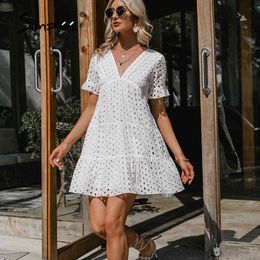 Sexy v-neck lace stitching white summer Short-sleeve solid women casual Fashion boho A-line dress 210414