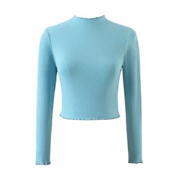 Women Sweet Ice Cream Colour Neckline With Fungus Tight Sweater Female Simplicity Long Sleeve Bottoming Tops 210520