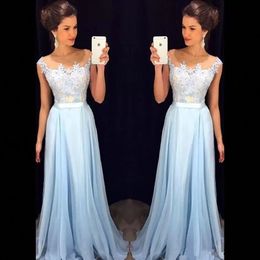 legant Light Sky Blue Prom Dresses Sheer Neck Cap Sleeves Appliqued Chiffon Floor Length Formal Dresses Modest Evening Gowns