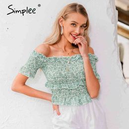 Vintage green floral women shirt Off shoulder crops tops and blouse Sexy summer holiday half sleeve shirts top 210414