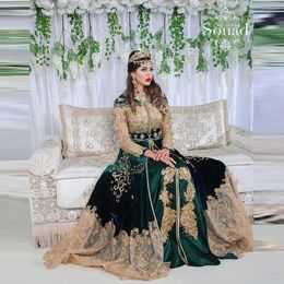 Moroccan Kaftan Evening Dress V Neck emerald green Luruxy Beading Muslim Arabic Prom Dress Long Sleeves Appliques Algerian Gown