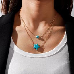 Mode élégant Turquoise perles rondes petite étoile pendentif court collier clavicule chaîne
