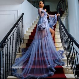2022 Sheer Tulle Prom Dresses Feathers Edge Loose Long Sleeve Robes V Neck Photoshoot Gowns Sweep Train Customise Evening Dress