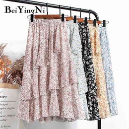 Summer Chiffon Womens Skirts Floral Printed Kawaii Ruffles Elastic High Waist Pleated Midi Skirt Irregular Faldas 210506