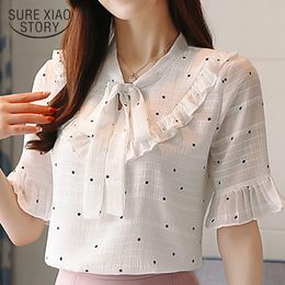 Korean Fashion Clothing Women Blouses Tops White Shirts Chiffon Shirt Blouse Bow Polka Dot V-Neck 3050 50 210415