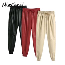 Women Fashion Faux Leather Jogging Pants Vintage High Elastic Waist Drawstring Female Ankle Trousers Mujer 210628