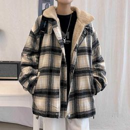 Lamb velvet plaid jacket men winter padded plus thick coat Hong Kong style wear preppy streetwear 210526