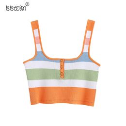 Women Sweet Colorful Striped Knitted Cropped Blouses Vintage Square Collar Buttons Straps Shirts Cute Girls Chic Tops 210520
