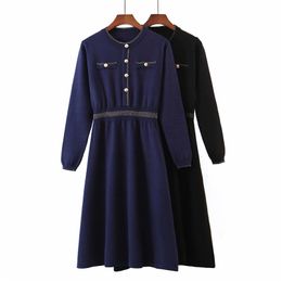 Women Spring Autumn Knitting Dress O-Neck Long Sleeve Solid Buttons Elastic waist Female Elegant Vintage A-Line Dresses 210513