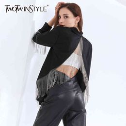 Patchwork Tassel Blazer For Women Notched Collar Long Sleeve Back Split Designer Black Coats Female Clothing 210524