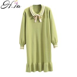 Autumn and Winter Fashion Women Long Straight Sweater Dress Knitwear Ruffles Jumpers Knitted dresses Bow Pull 210430