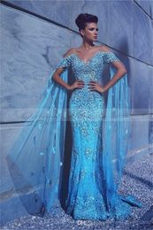 Luxury Mermaid Evening Dresses Cap Wrap Sleeves 3D Floral Appliques Crystal Beaded Prom Dress With Cape Chic Sky Blue Formal Party Robe De Mariée