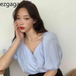 Ezgaga Chic Women Blouse Korean Fashion V-Neck Puff Short Sleeve Summer New Loose Shirts Single-breasted Solid Loose Casual 210430