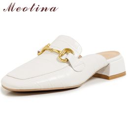 Meotina Genuine Leather Mules Chain Mid Heel Shoes Women Summer Square Toe Thick Heel Pumps Ladies Footwear Black 210520
