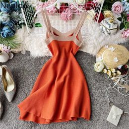 Neploe Knitted Dress Women Sexy V Neck Sleeveless Ladies Vestidos Summer 2021 Elegant Slim Waist A Line Female Dresses 1B196 Y0823