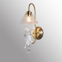 Wall Lamp American Living Room Little Angel Copper Bedroom Bedside Corridor Resin Carved Crystal Light Modern Art Deco