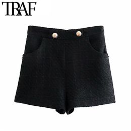 Women Chic Fashion Side Pockets Buttons Tweed Bermudas Shorts Vintage High Waist Back Zipper Female Short Femme 210507