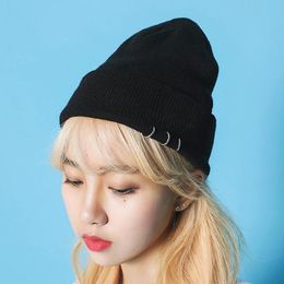 Fashion Casual Winter Hats For Women Solid Colour Wool Knitted Beanie Hat With Metal Ring Warm Soft Bottom Thickened Bonnet Cap