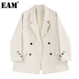 [EAM] Women Beige Big Size Double Breasted Blazer Lapel Long Sleeve Loose Fit Jacket Fashion Spring Autumn 1DD7864 21512