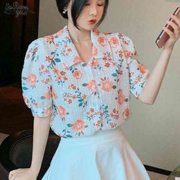 Summer Short Sleeve Chiffon Shirts Women Vintage Plus Size Floral Blouse Single Breasted Print Female Clothing 14421 210508