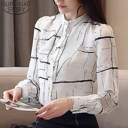 Korean Stand Collar Print Clothes Arrival Women Tops and Blouses Spring Long Sleeve Office Lady Blouse Blusas 8807 50 210508