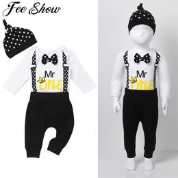 Infant Baby Boy Clothes Birthday Outfits Gentleman One Year Birthday Romper Bowknot Tie Jumpsuit Straps Shorts Hat 3pcs Sets G1023