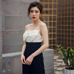 Summer Jumpsuit Women Strap Bow Decoration Backless Long Pants Wide Legs Colour Block Overalls Rompers macacao S96794 210421