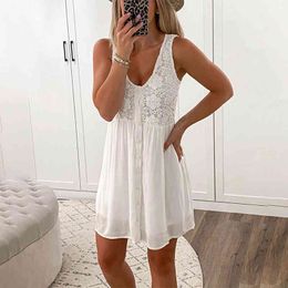 Women Lace Patchwork Sleeveless Spaghetti Strap Dress Summer Sexy V Neck Female Casual White Loose Leisure Wear Vest Dress 210416