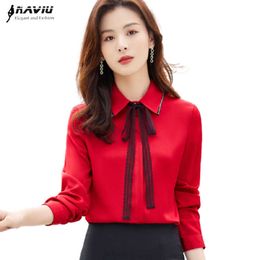 Red Bow Shirt Women Spring Design Chiffon Long Sleeve Business Formal Blouses Office Ladies Fashion Work Tops 210604