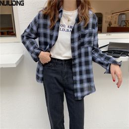 Autumn Plaid Long Sleeve Blouses Female Casual Loose Pockets Single-breasted Turn Down Collar Shirts Women's 210514