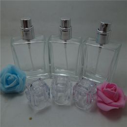 (50Piece/lot) 30ML Clear Perfume Bottle 30cc Crystal Glass bottle, 1 OZ Square Cologne with Silver Sprayer