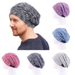 Muslim Turban Hat For Men Stretch Night Cap Yoga Reusable Round Head Cover Head Accessories Bonnet Hats Reversible Sleep Hat Y21111