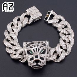 AZ 19mm Iced Out Leopard Cuban Link Bracelets For Men Women With Bling Zircon Stone Hip Hop Miami Chain Goth Jewelry