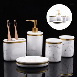 Bath Accessory Set Bathroom Countertop Accessories 5Pcs Marble Pattern Toothbrush Holder Lotion Dispenser Soap Tray Decor