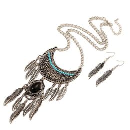 Earrings & Necklace Retro Gem Leaves Tassel Set Trendy Bohemian Crescent Leaf Choker Necklaces Women Jewellery