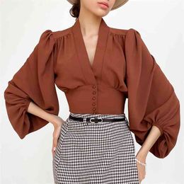 Ladies Vintage Spring Autumn Sexy Lantern Long Sleeve Blouse Shirt Women Tops V Neck Button Up Blouse Women Shirts Blusas Female 210416