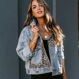 Winter Long-sleeved Jacket Denim European And American Style Leopard Print Stitching Lapel Short Women 211029