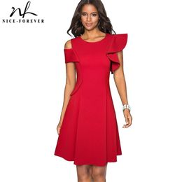 Nice-forever Vintage Solid Color with Chic Ruffle Sleeve Dresses Cocktail Party Women Flared Dress A226 210331