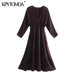 Women Chic Fashion With Elastic Waist Cosy Midi Dress V Neck Long Sleeve Female Dresses Vestidos Mujer 210420