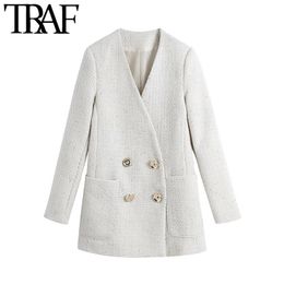 TRAF Women Fashion Double Breasted Loose Tweed Jacket Coat Vintage Long Sleeve Pockets Female Outerwear Chic Tops 210415