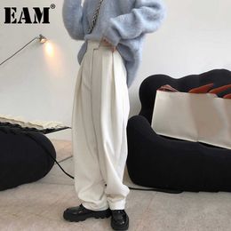 [EAM] High Waist Multicolor Long Wide Leg Thick Wool Trousers New Loose Fit Pants Women Fashion Tide Spring Summer 2021 1DE0941 Q0801