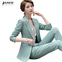 Light Green Pants Suit Women Temperament Fashion Long Sleeve Blazer and Trousers Office Lady Formal Work Wear Black 210604