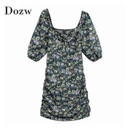 Boho Styles Floral Print Mini Dress Lantern Half Sleeve Bodycon Beach Back Zipper Backless Holiday Summer Robe Femme 210515