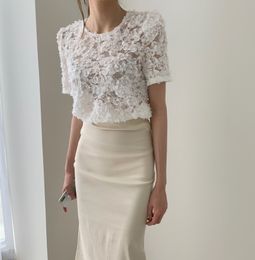 Stylish Chic Gentle Light Sexy Lace Petals Summer Short Sleeves Femme Pullovers All Match Blouses Streetwear Tops 210421