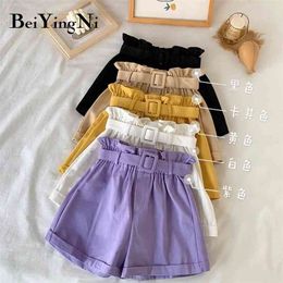 Wide Leg Short Pants Women Belt Casual Korean Loose Crimping Kawaii Candy Colours Summer High Waist Shorts Female 210506