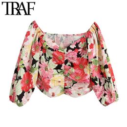 TRAF Women Sweet Fashion Floral Print Cropped Blouses Vintage V Neck Puff Sleeve Back Elastic Female Shirts Chic Tops 210415