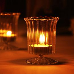 Candle Holders Creative Lit Dinner Cup Glass Holder Transparent Stripe Candlestick Light Lanterns With Candles